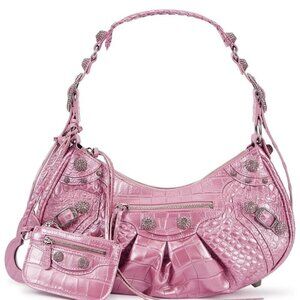 RARE Balenciaga Le Cagole Pink Crystal Croc Embossed Leather Shoulder Bag XL